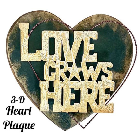 “LOVE GROWS HERE” 3D Distressed Wooden Metal Heart Wall Plaque - Picture 1 of 8